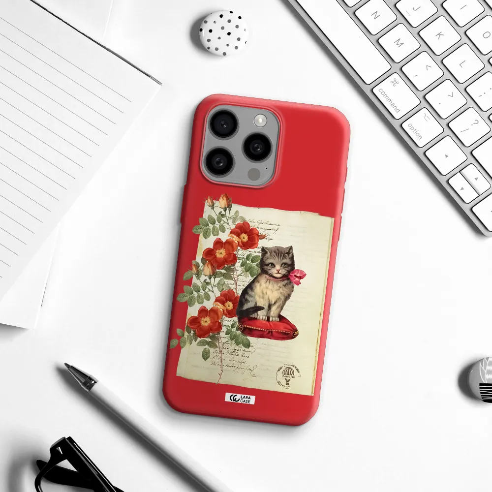 A Cat On A Pillow With Flowers Apple Iphone 15 Pro Max Silicone Imperial Red Case