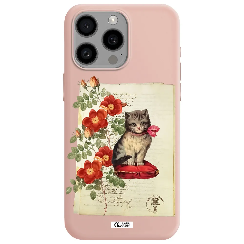 a cat on a pillow with flowers Apple Iphone 15 Pro max Silicone pastel pink Case