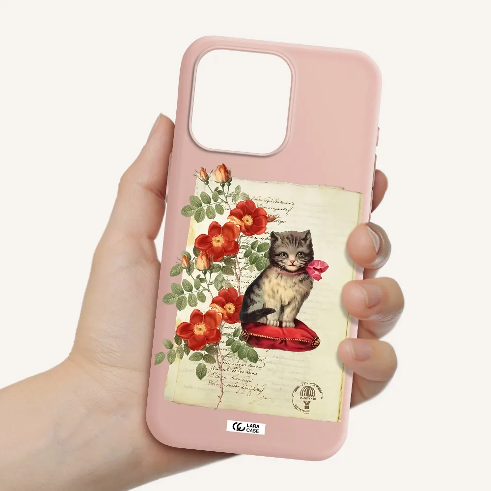a cat on a pillow with flowers Apple Iphone 15 Pro max Silicone pastel pink Case