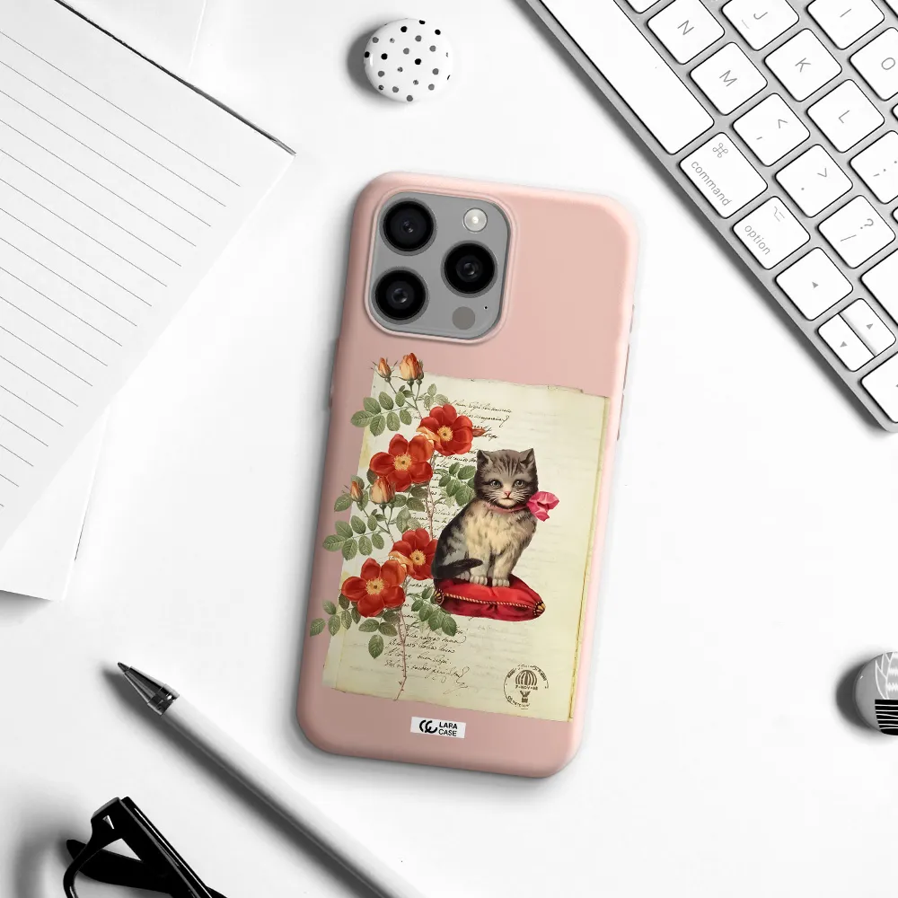 a cat on a pillow with flowers Apple Iphone 15 Pro max Silicone pastel pink Case
