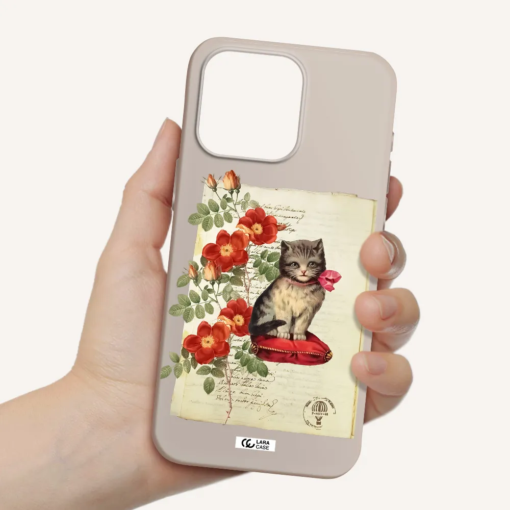 a cat on a pillow with flowers Apple Iphone 15 Pro max Silicone Stone Case