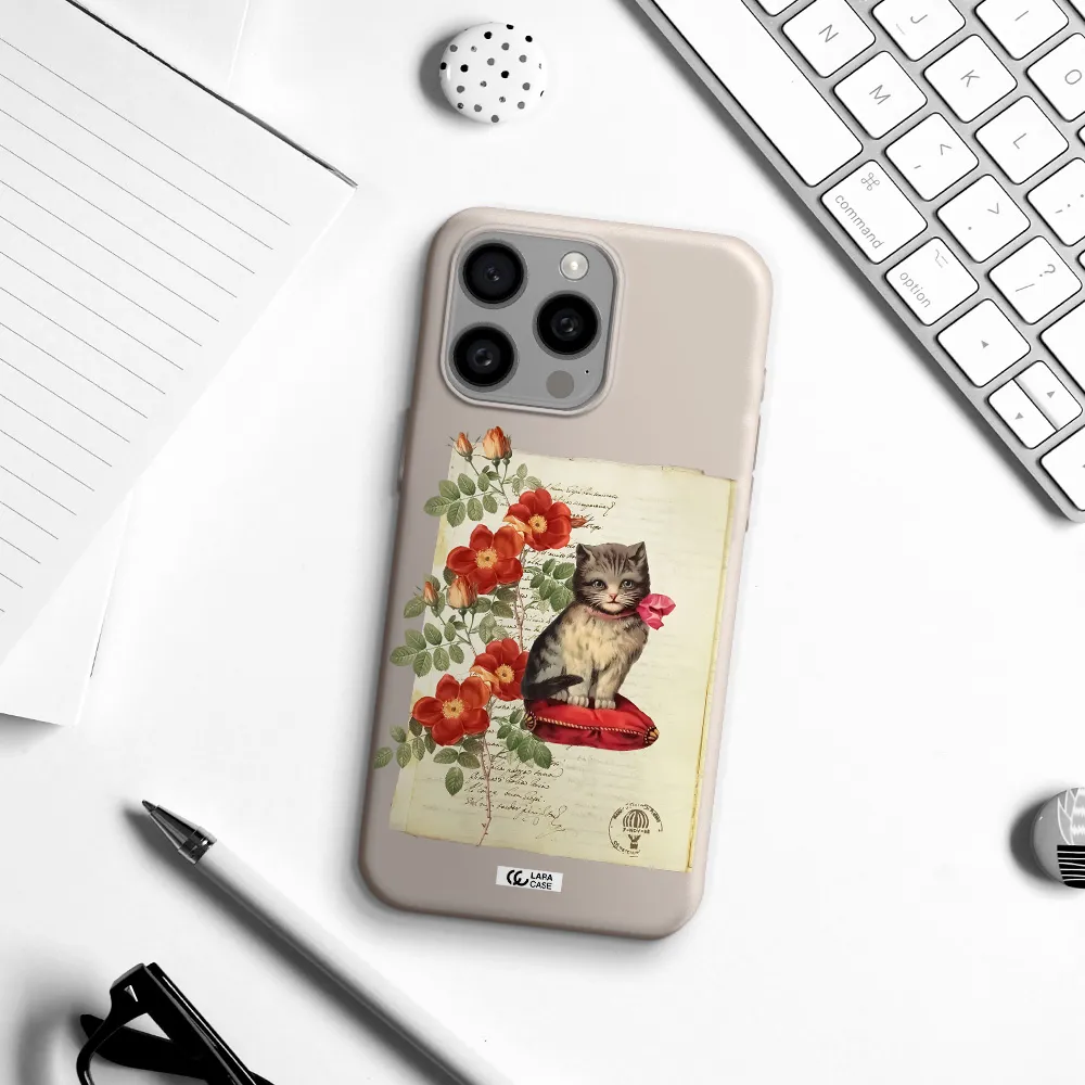 a cat on a pillow with flowers Apple Iphone 15 Pro max Silicone Stone Case