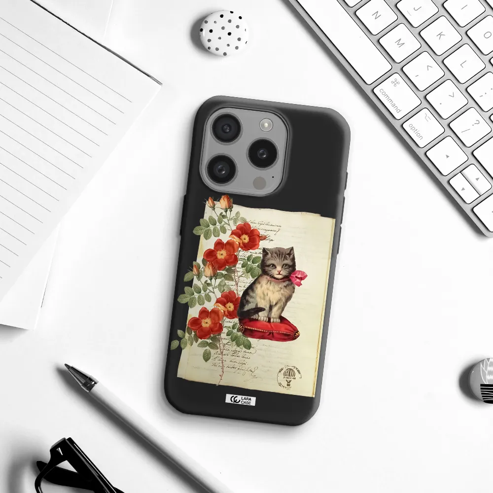 A Cat On A Pillow With Flowers Apple Iphone 15 Pro Silicone Black Case