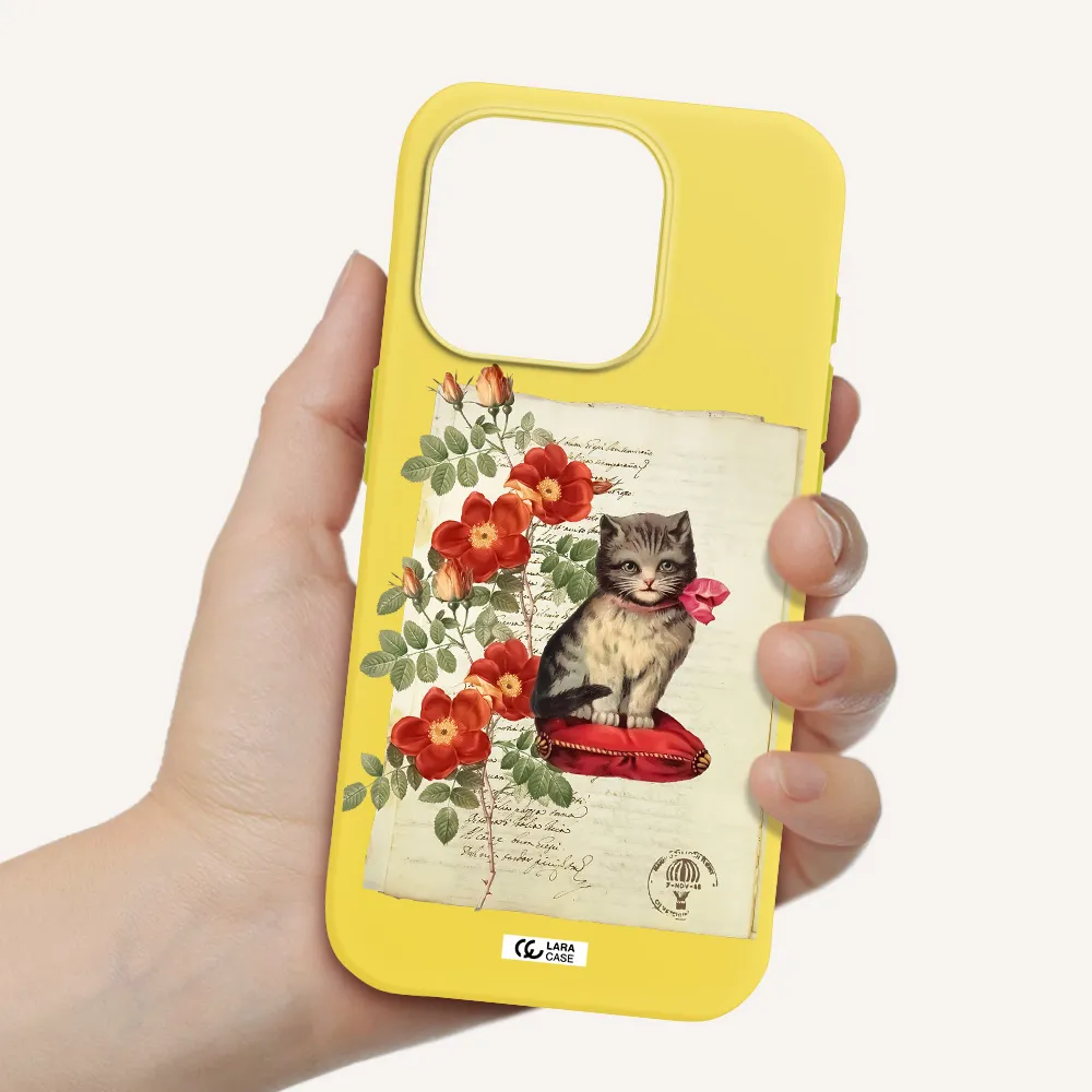 A Cat On A Pillow With Flowers Apple Iphone 15 Pro Silicone Canary Yellow Case