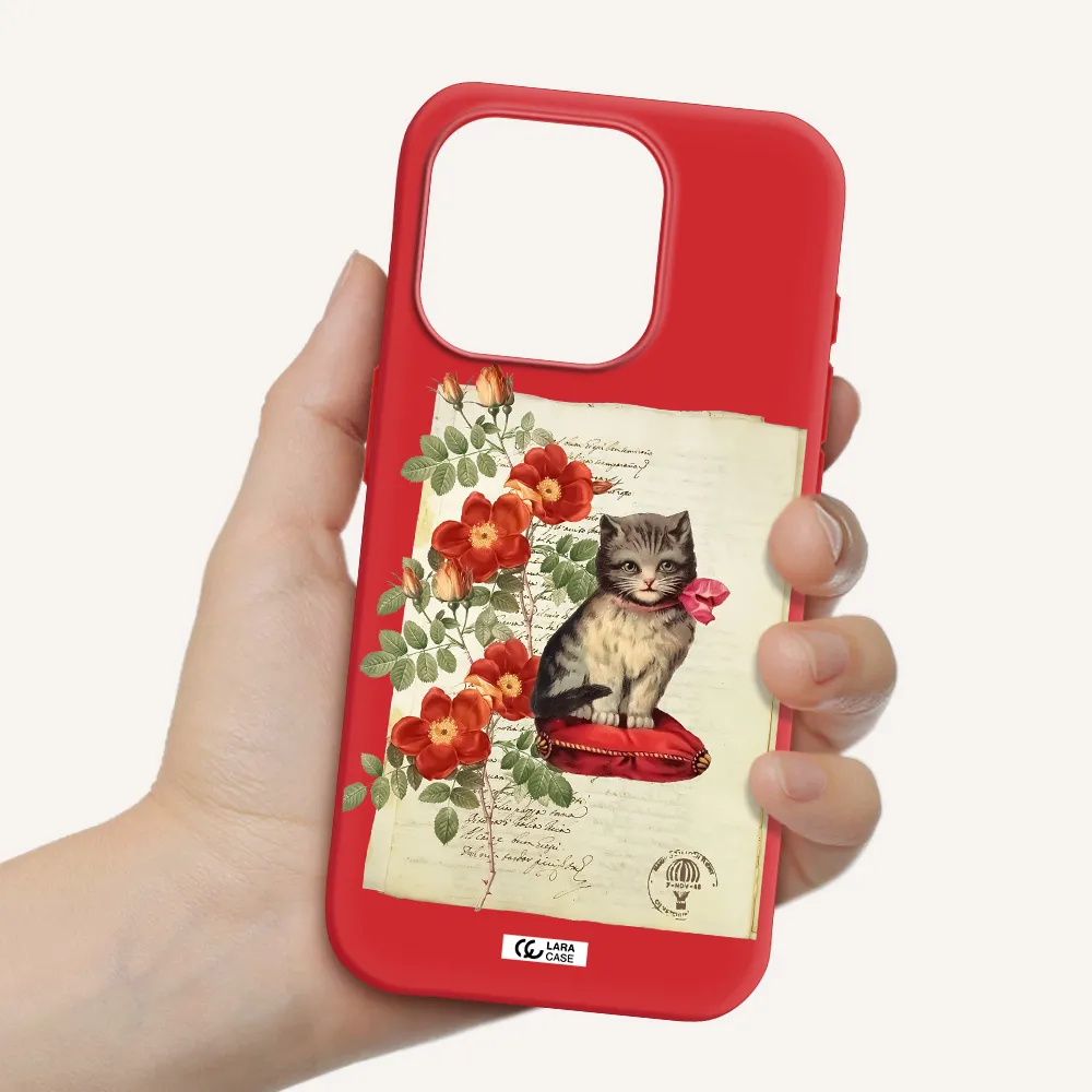 A Cat On A Pillow With Flowers Apple Iphone 15 Pro Silicone Imperial Red Case