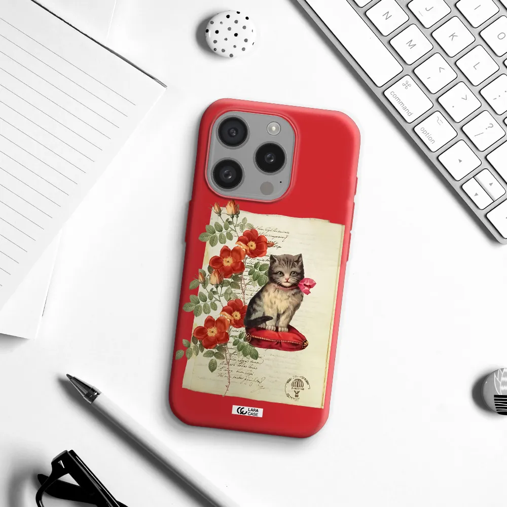 A Cat On A Pillow With Flowers Apple Iphone 15 Pro Silicone Imperial Red Case