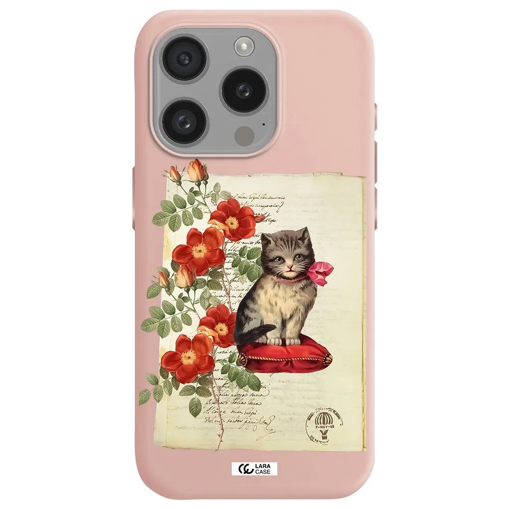 A Cat On A Pillow With Flowers Apple Iphone 15 Pro Silicone Pastel Pink Case