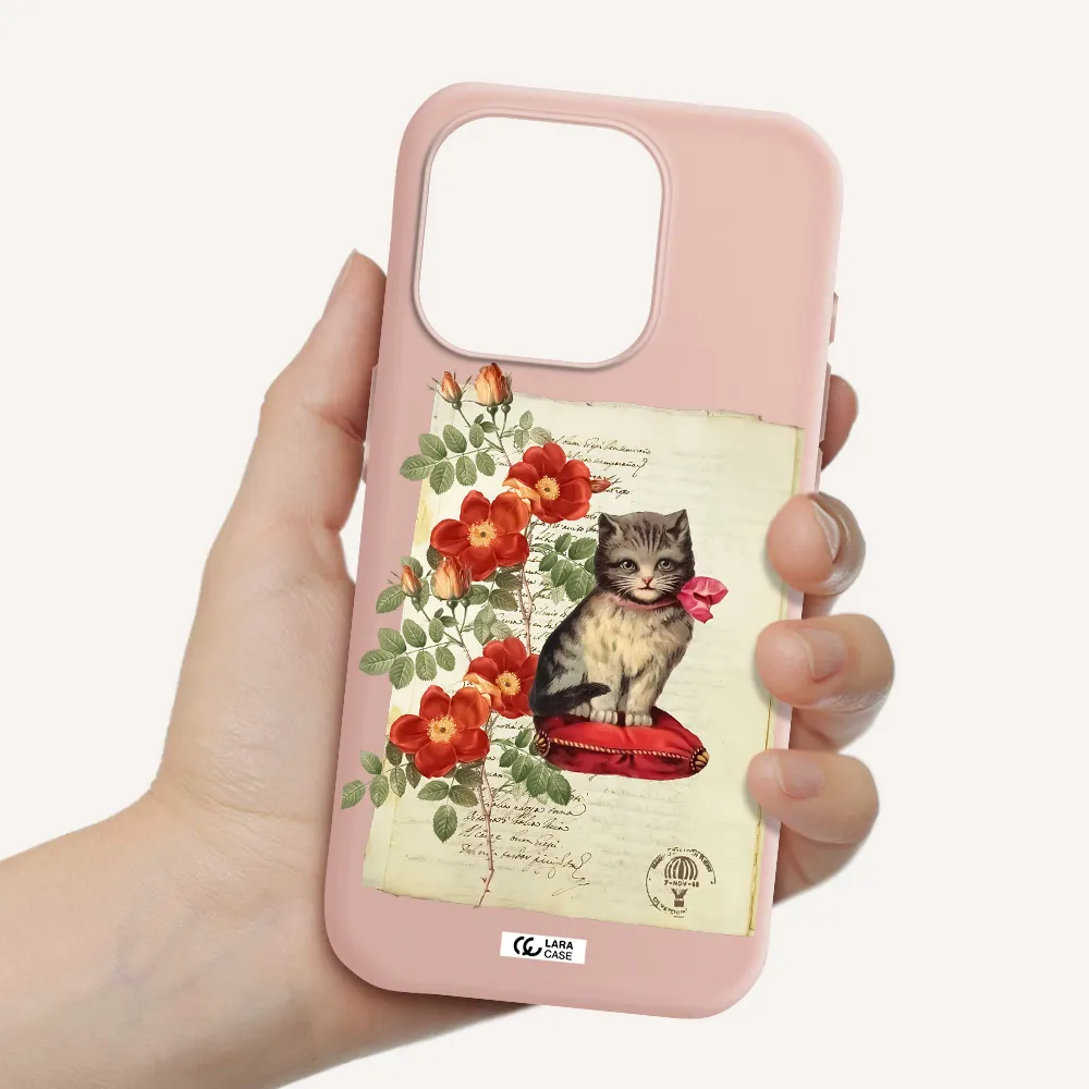 A Cat On A Pillow With Flowers Apple Iphone 15 Pro Silicone Pastel Pink Case