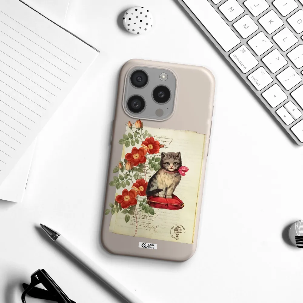 A Cat On A Pillow With Flowers Apple Iphone 15 Pro Silicone Stone Case
