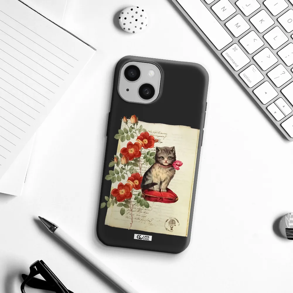 a cat on a pillow with flowers Apple iPhone 15 Silicone black Case