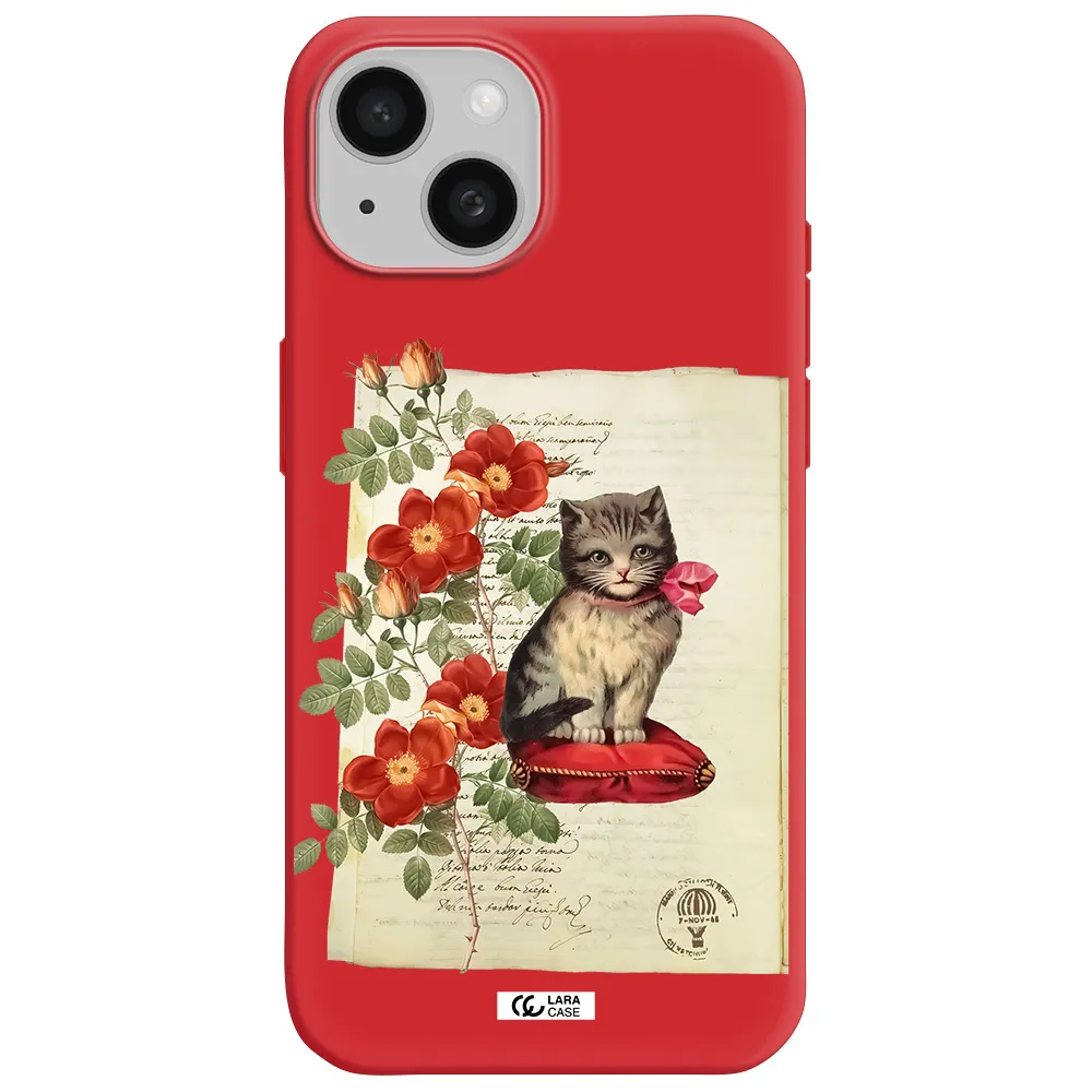 A Cat On A Pillow With Flowers Apple Iphone 15 Silicone Imperial Red Case