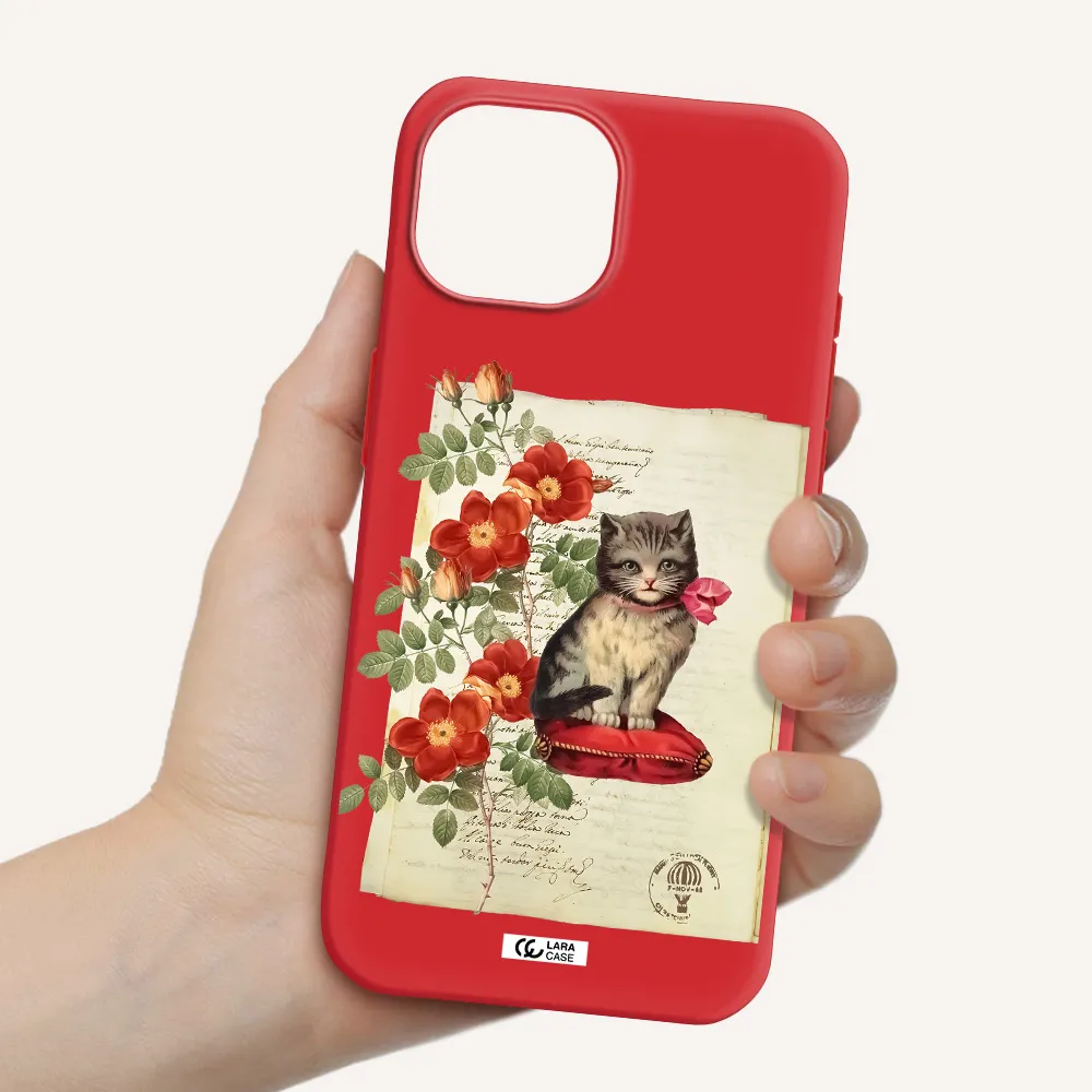 A Cat On A Pillow With Flowers Apple Iphone 15 Silicone Imperial Red Case