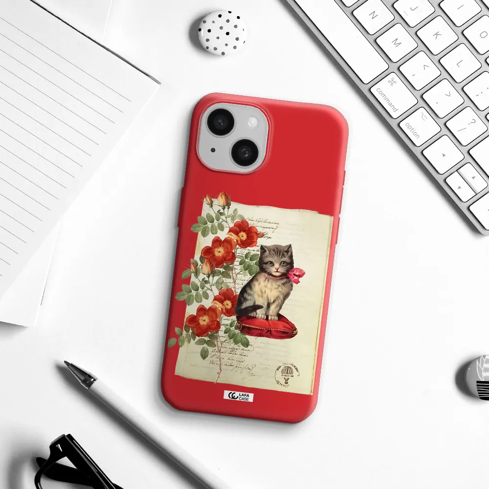 A Cat On A Pillow With Flowers Apple Iphone 15 Silicone Imperial Red Case