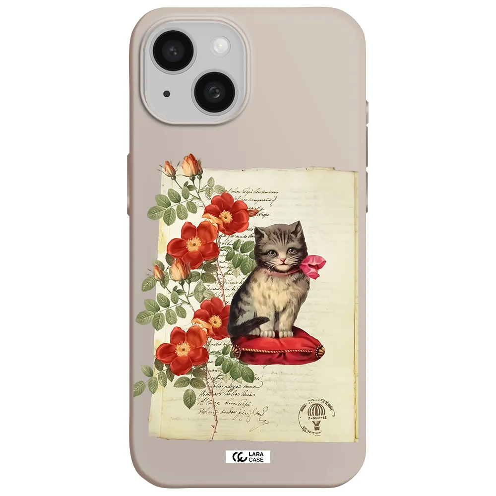 a cat on a pillow with flowers Apple iPhone 15 Silicone Stone Case