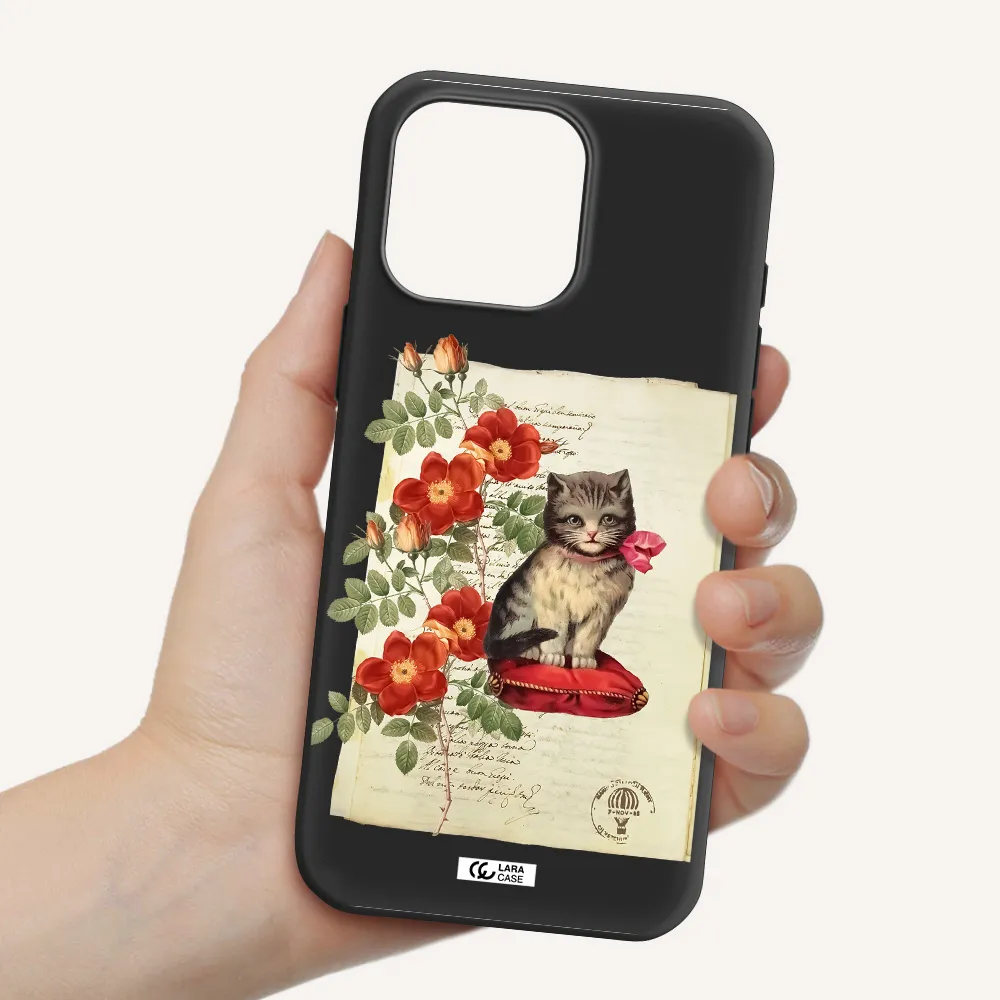A Cat On A Pillow With Flowers Apple Iphone 16 Pro Max Silicone Black Case