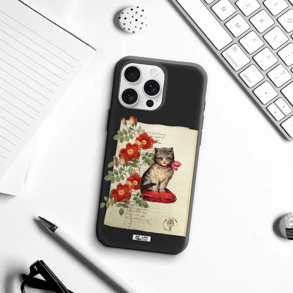 A Cat On A Pillow With Flowers Apple Iphone 16 Pro Max Silicone Black Case