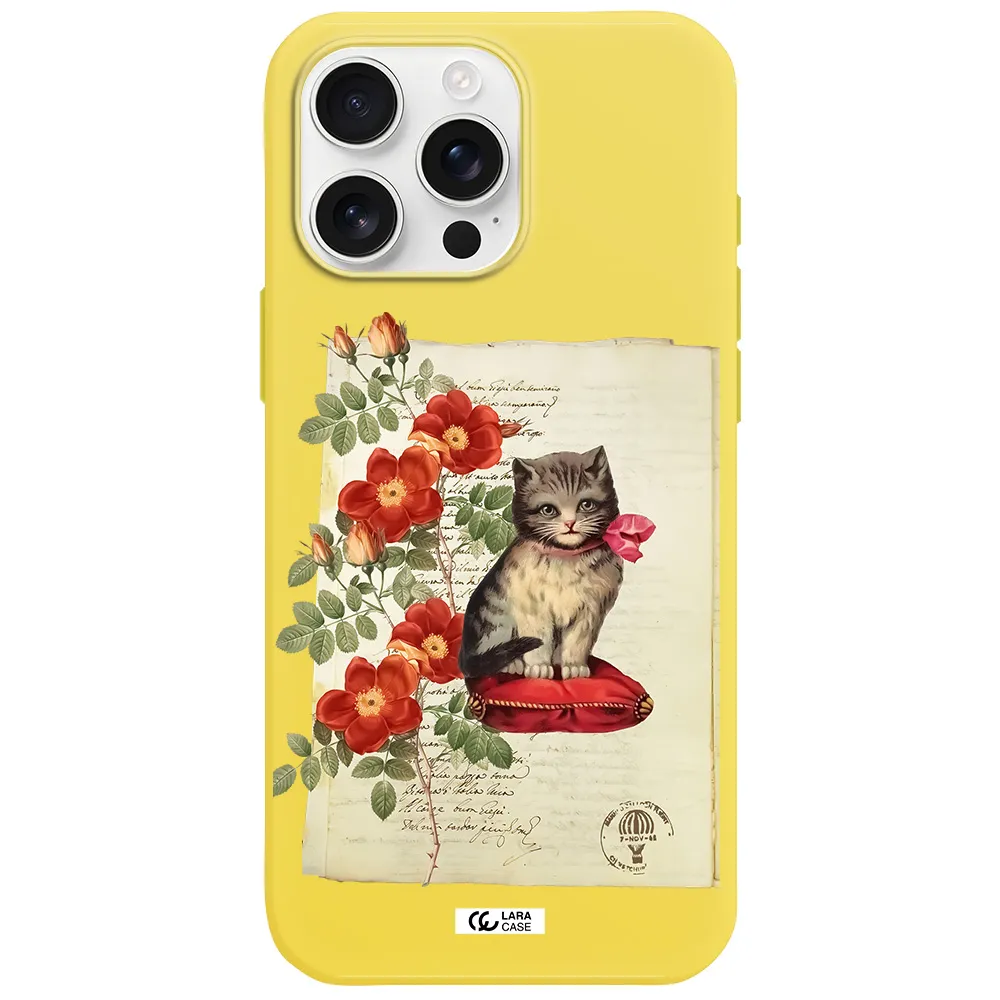 A Cat On A Pillow With Flowers Apple Iphone 16 Pro Max Silicone Canary Yellow Case
