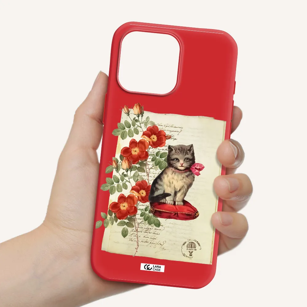 A Cat On A Pillow With Flowers Apple Iphone 16 Pro Max Silicone Imperial Red Case