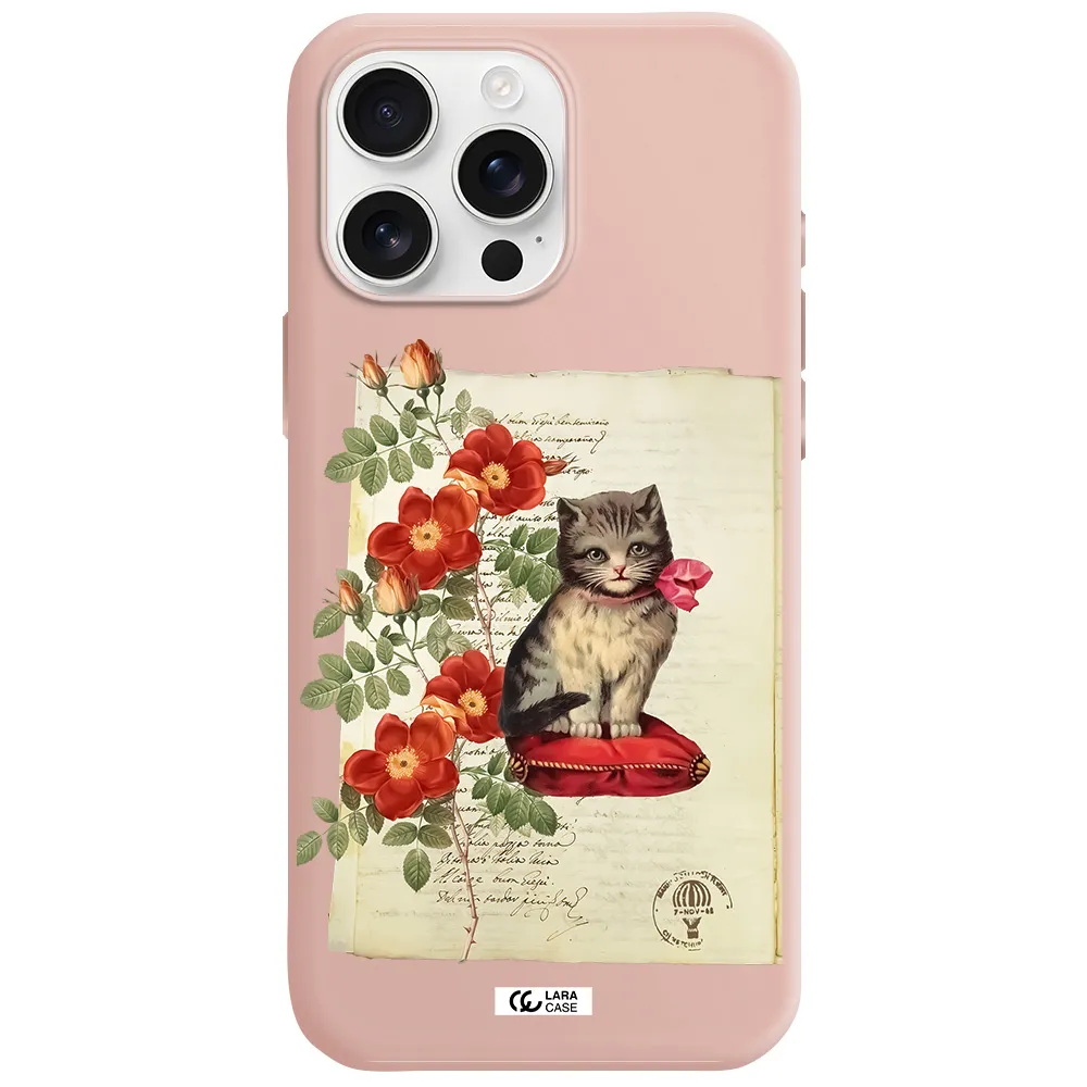 A Cat On A Pillow With Flowers Apple Iphone 16 Pro Max Silicone Pastel Pink Case