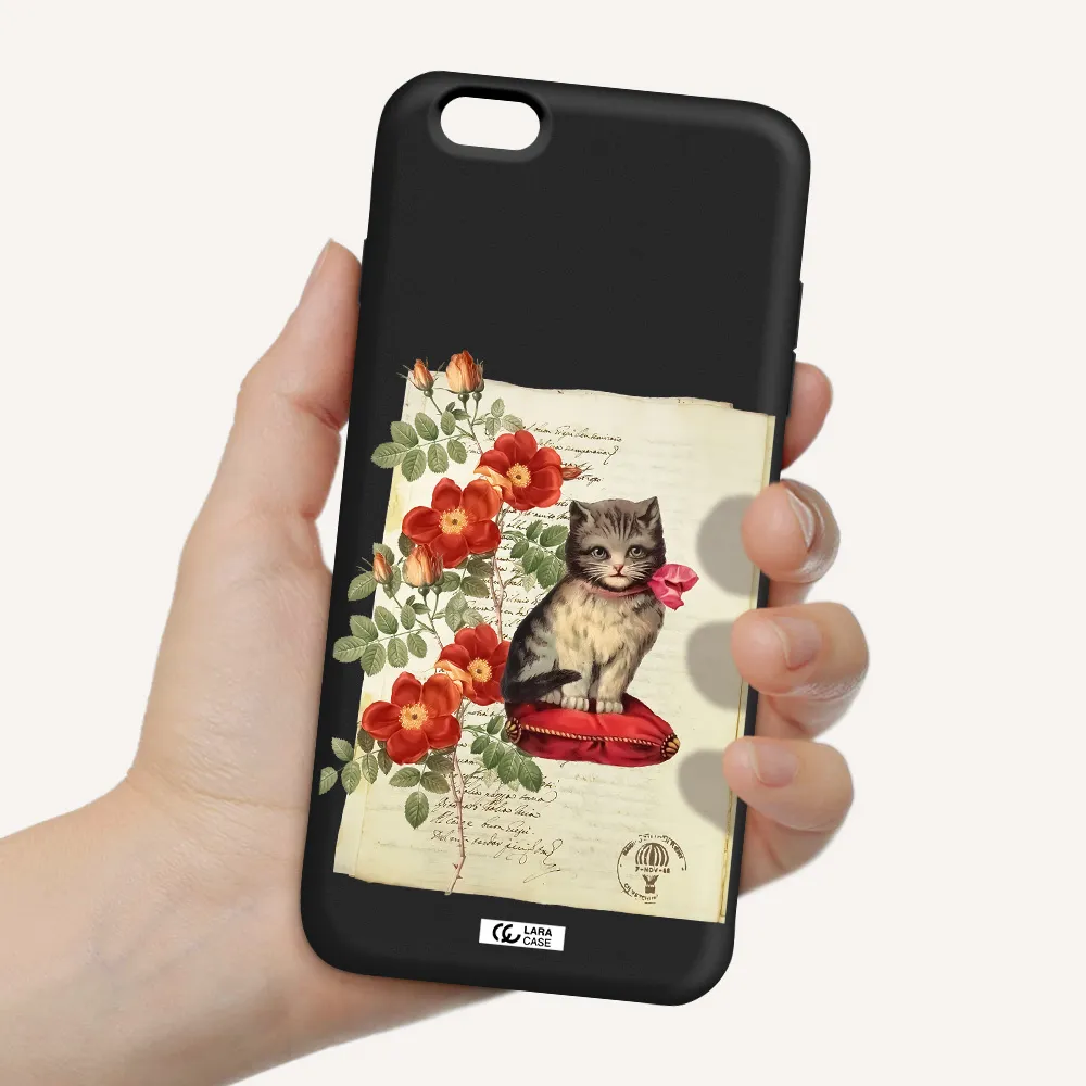 a cat on a pillow with flowers Apple iPhone 6 plus Silicone black Case