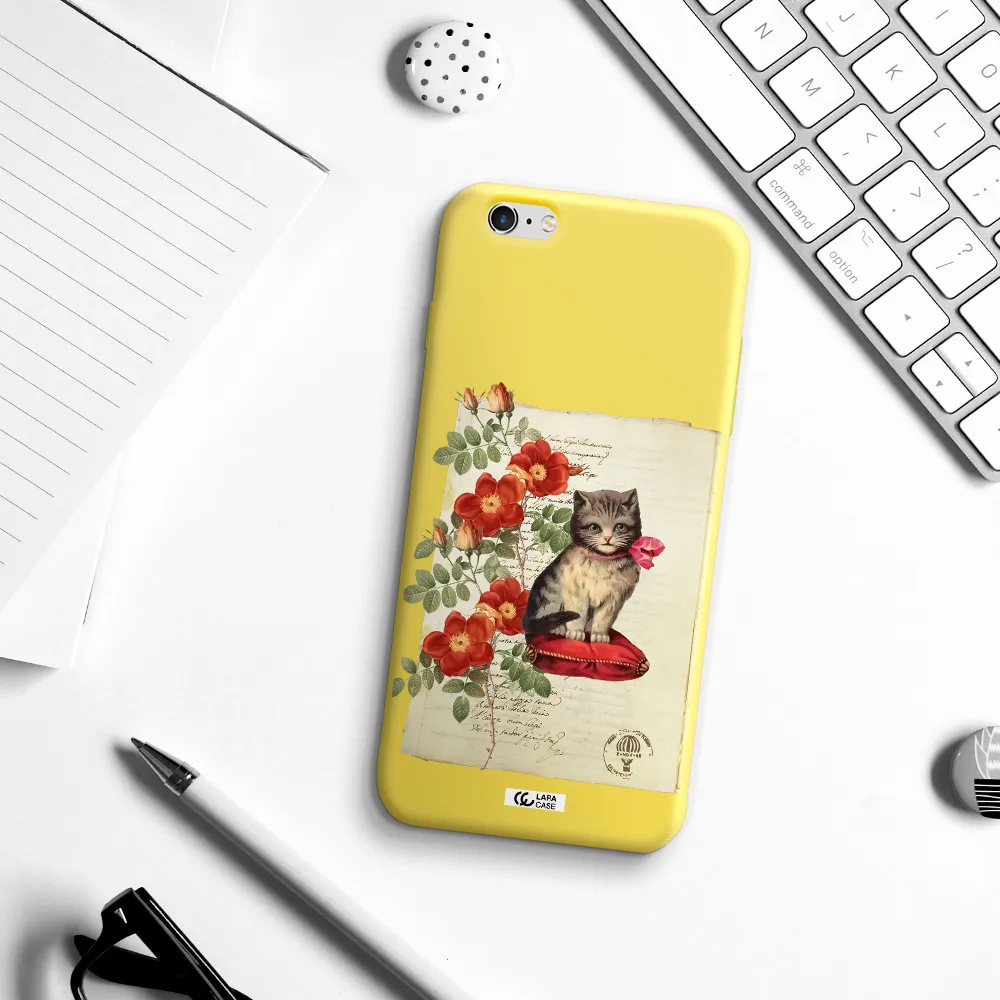 a cat on a pillow with flowers Apple iPhone 6 plus Silicone canary yellow Case