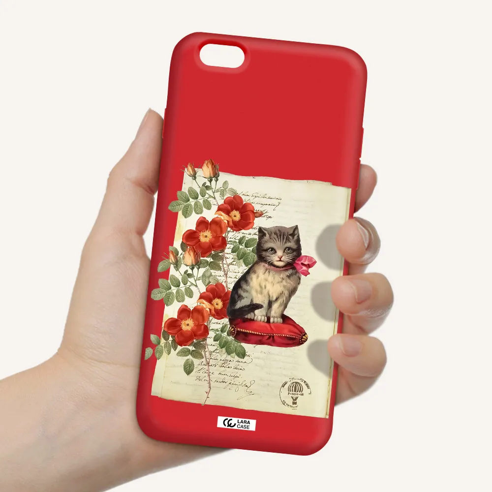a cat on a pillow with flowers Apple iPhone 6 plus Silicone Imperial Red Case