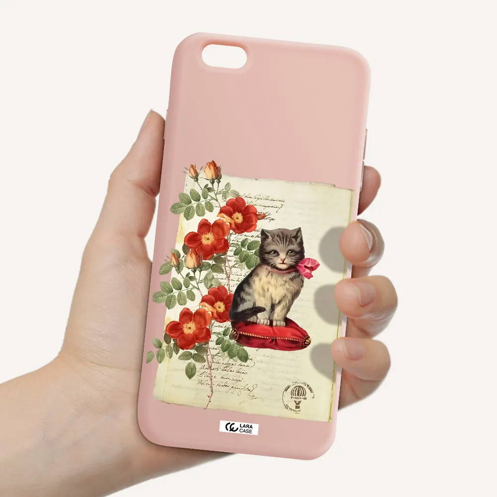 a cat on a pillow with flowers Apple iPhone 6 plus Silicone pastel pink Case
