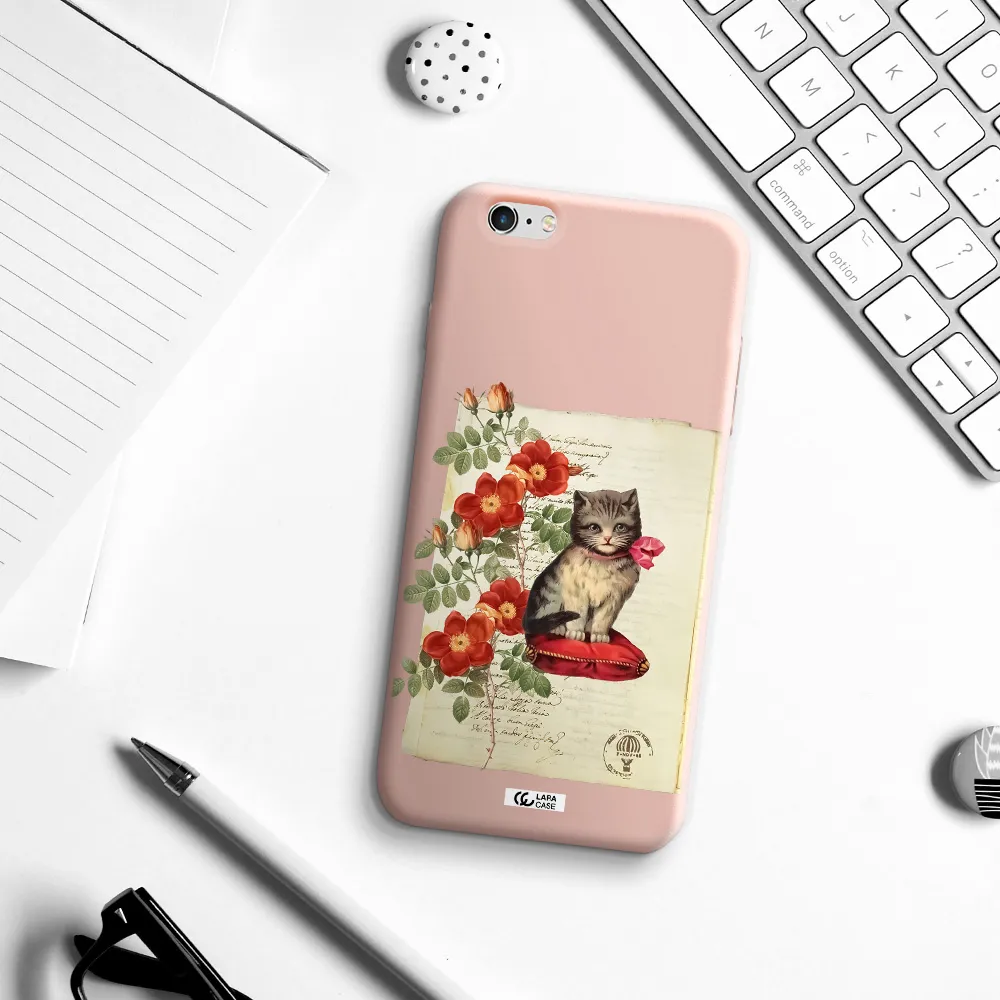 a cat on a pillow with flowers Apple iPhone 6 plus Silicone pastel pink Case