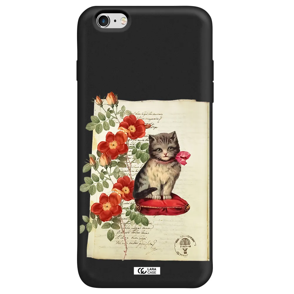 a cat on a pillow with flowers Apple iPhone 6 s plus Silicone black Case