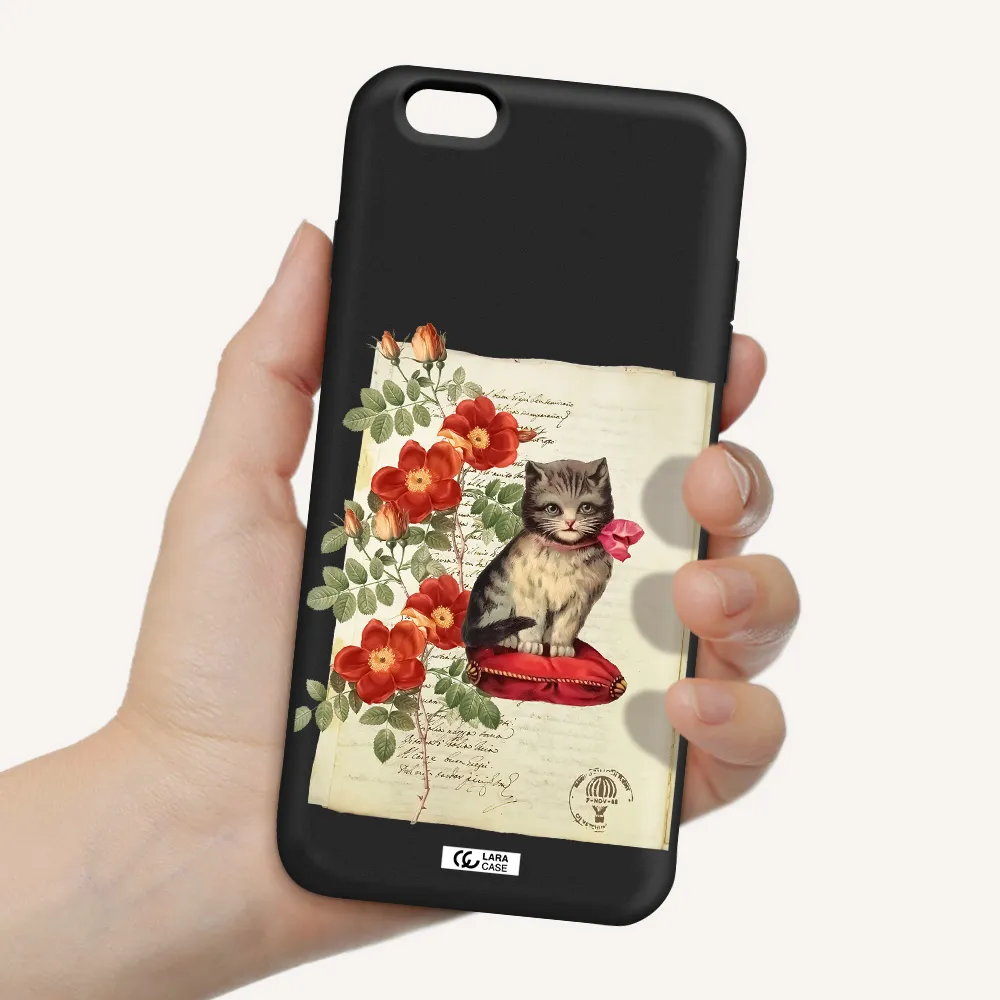 a cat on a pillow with flowers Apple iPhone 6 s plus Silicone black Case