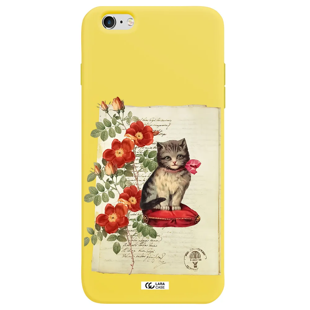 a cat on a pillow with flowers Apple iPhone 6 s plus Silicone canary yellow Case