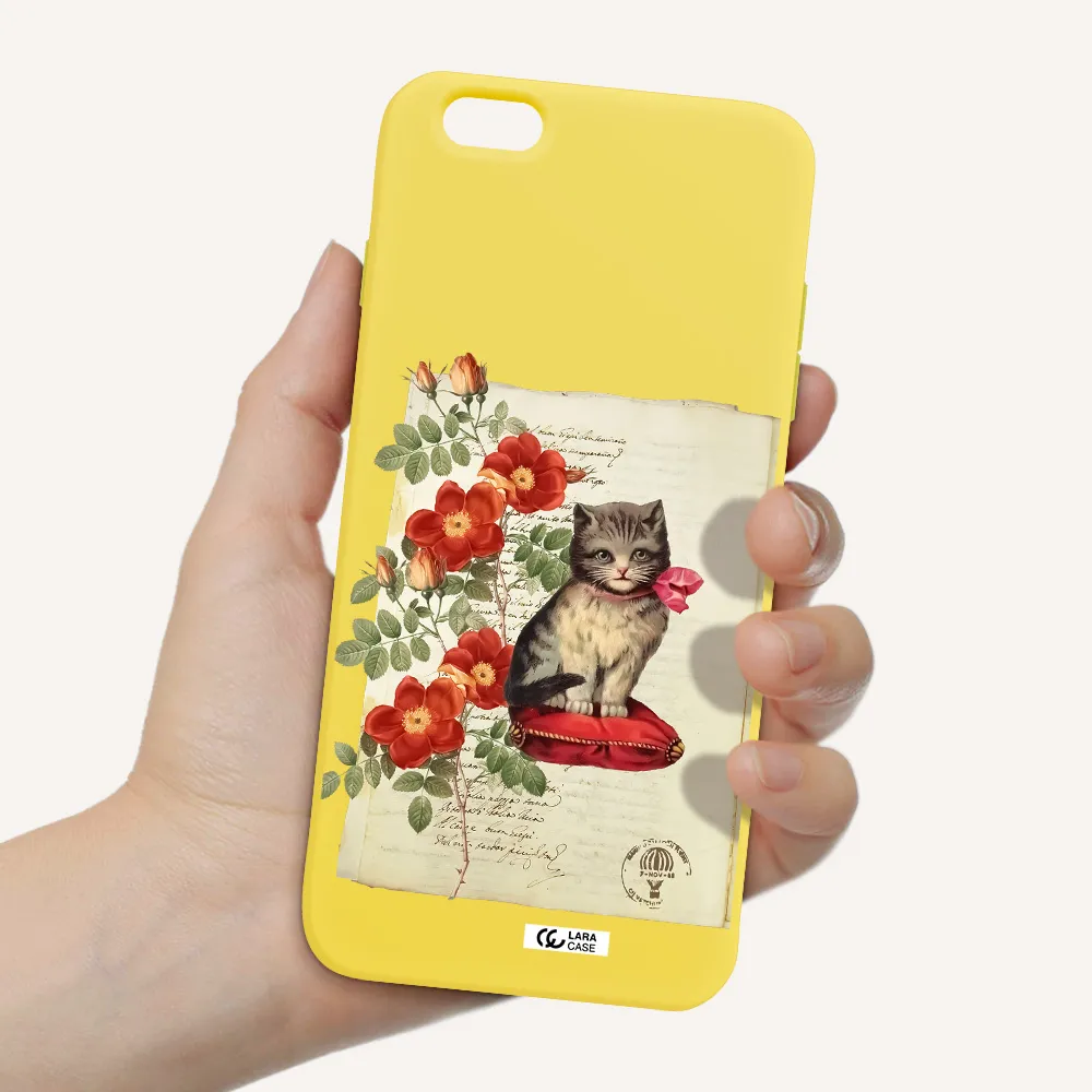 a cat on a pillow with flowers Apple iPhone 6 s plus Silicone canary yellow Case