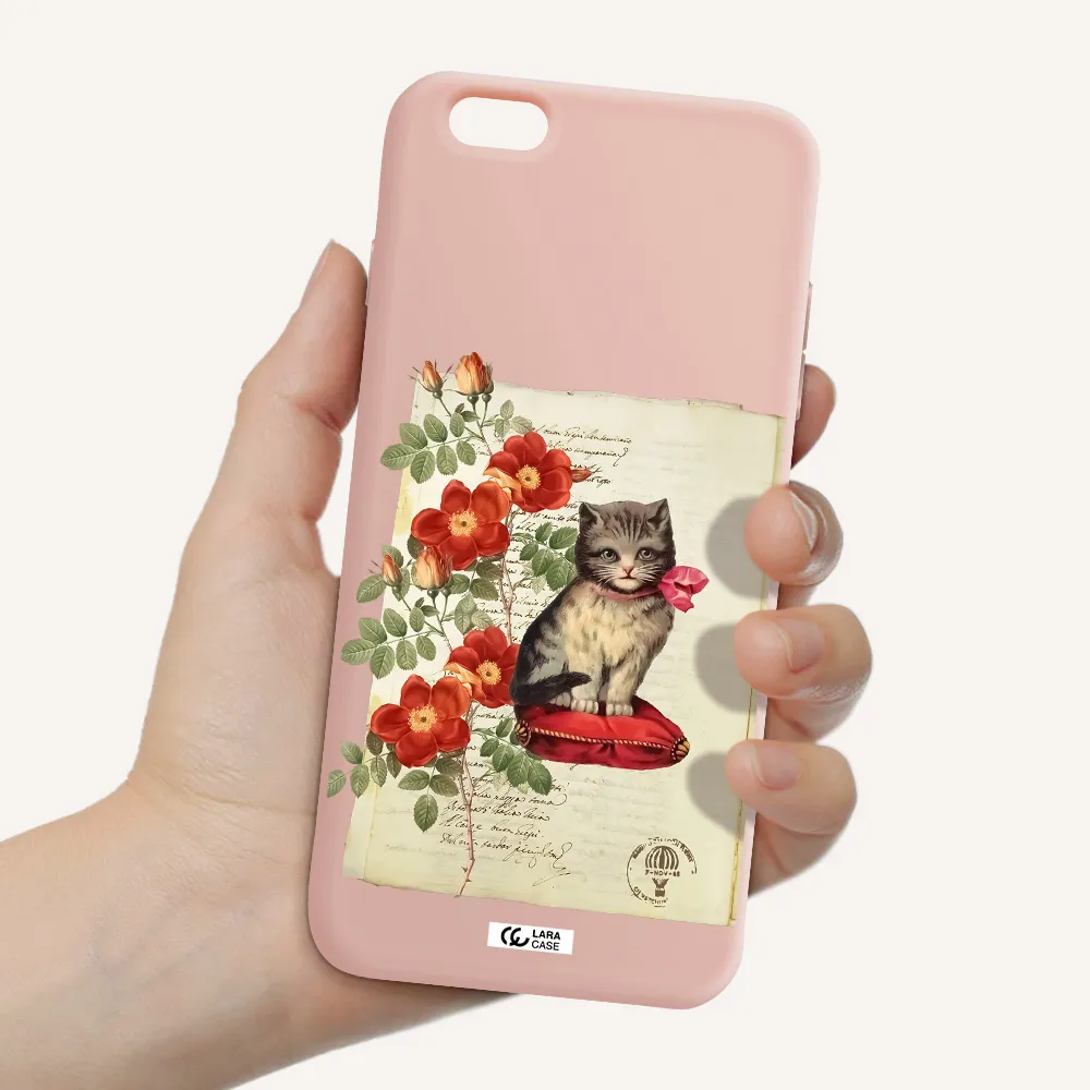 a cat on a pillow with flowers Apple iPhone 6 s plus Silicone pastel pink Case