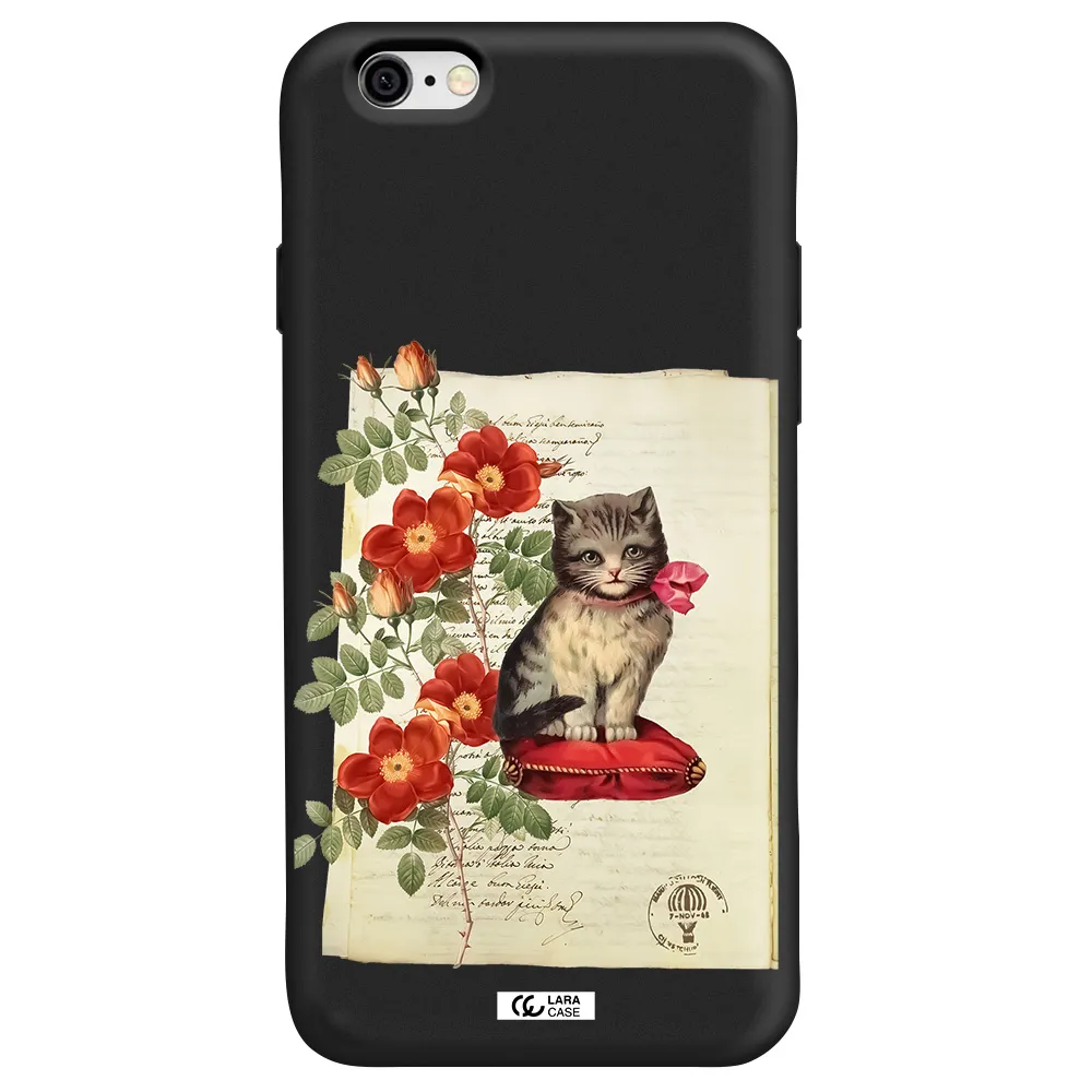 a cat on a pillow with flowers Apple iPhone 6 Silicone black Case