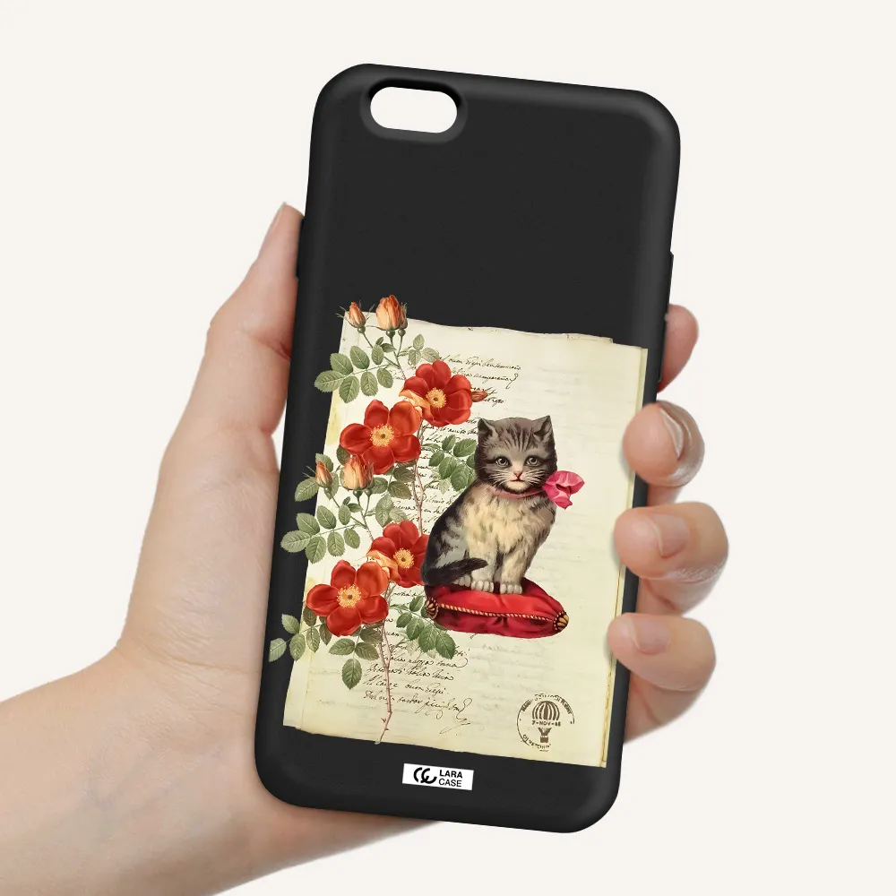 a cat on a pillow with flowers Apple iPhone 6 Silicone black Case