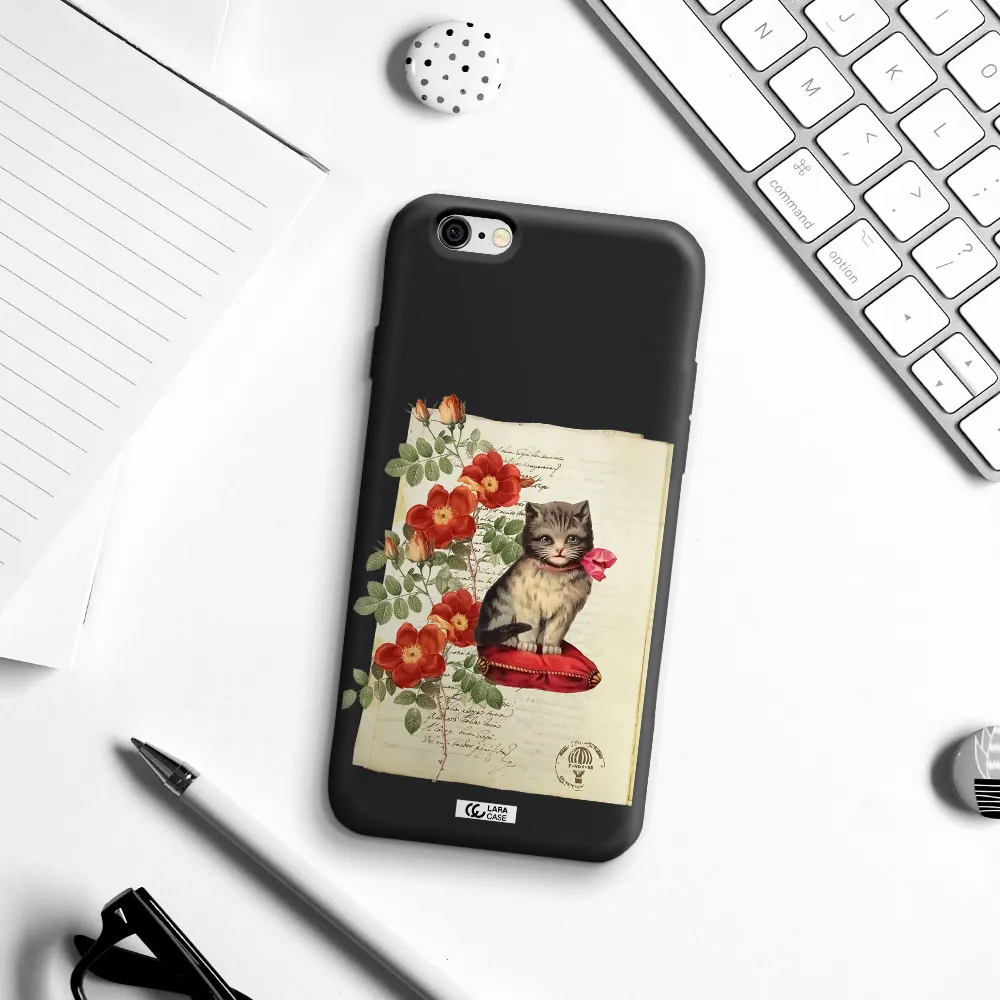 a cat on a pillow with flowers Apple iPhone 6 Silicone black Case