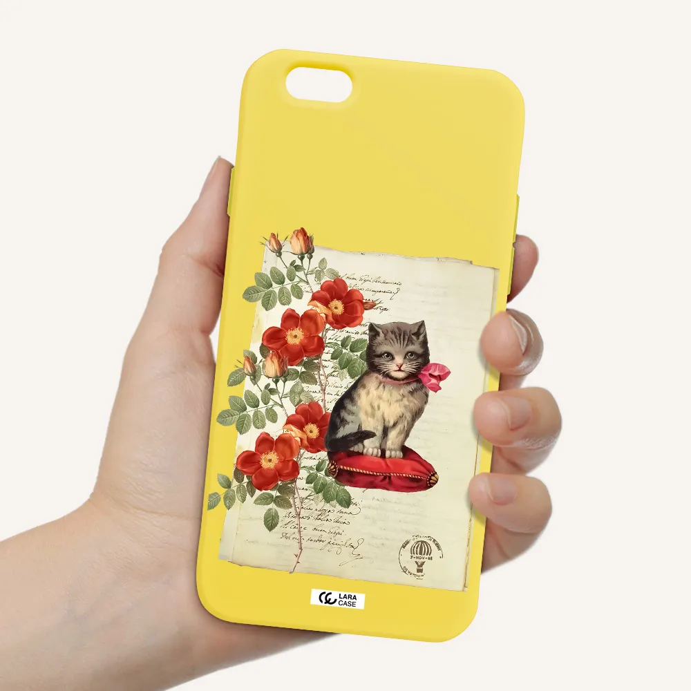 a cat on a pillow with flowers Apple iPhone 6 Silicone canary yellow Case