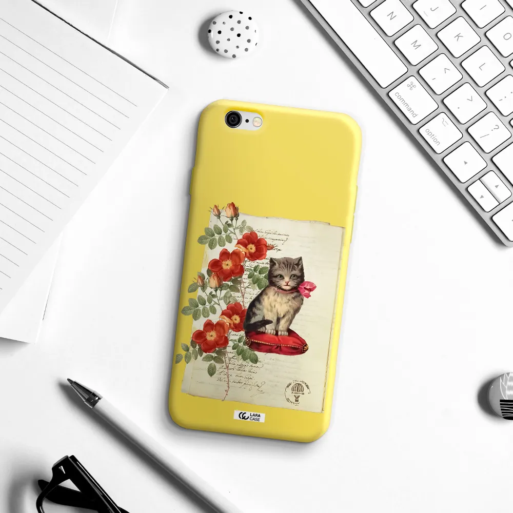 a cat on a pillow with flowers Apple iPhone 6 Silicone canary yellow Case