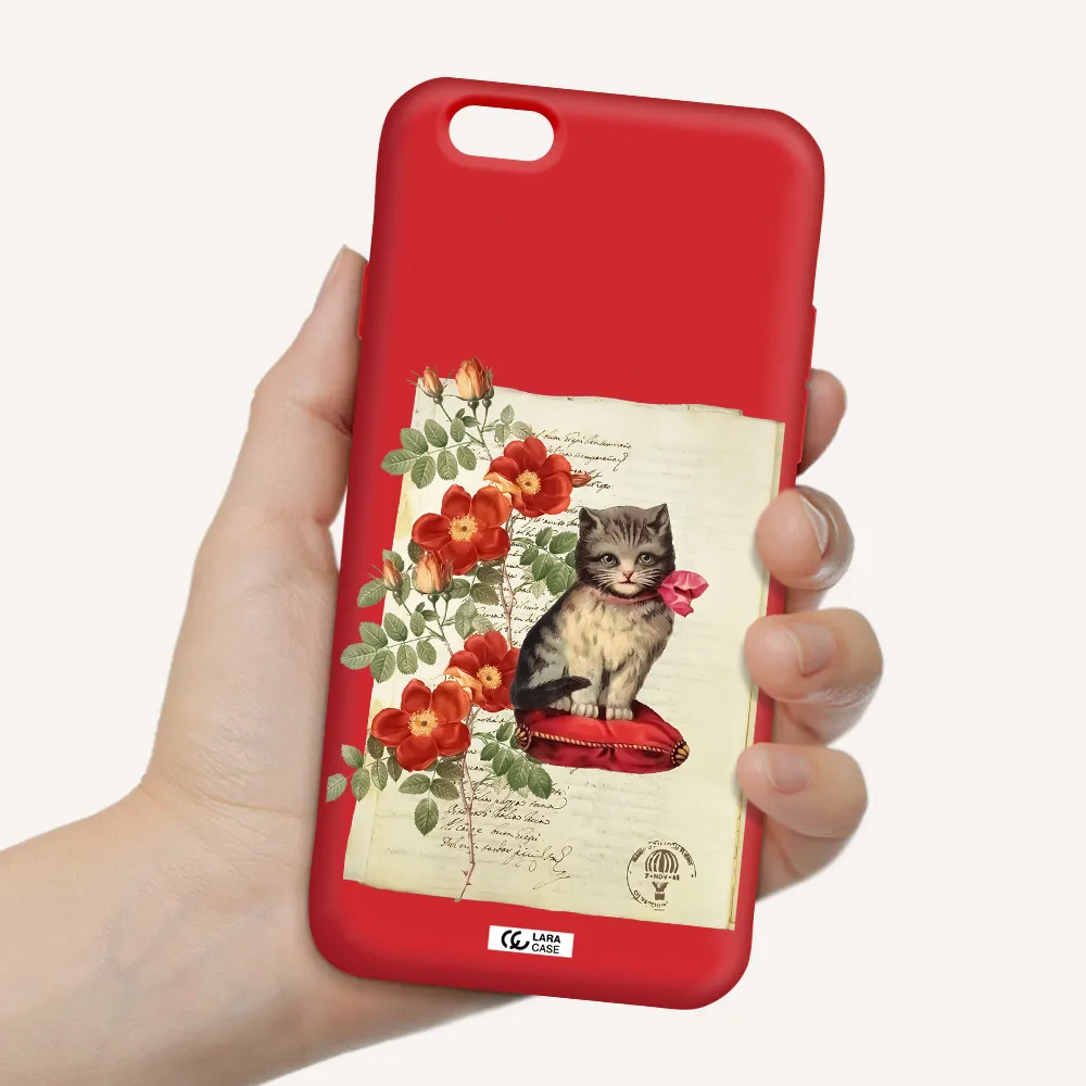 a cat on a pillow with flowers Apple iPhone 6 Silicone Imperial Red Case
