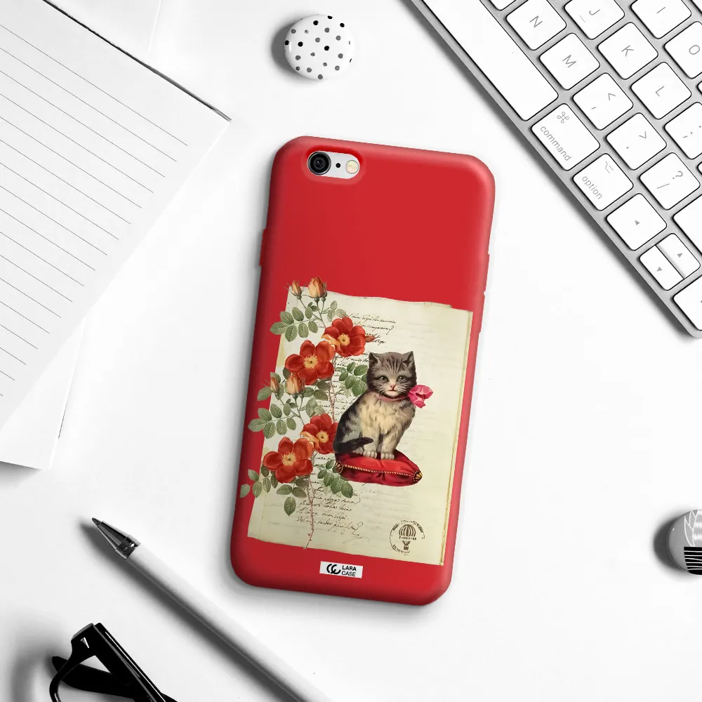 a cat on a pillow with flowers Apple iPhone 6 Silicone Imperial Red Case