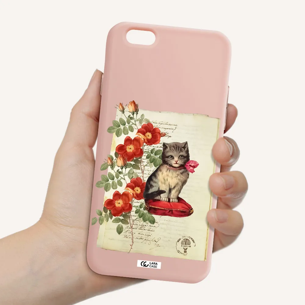 a cat on a pillow with flowers Apple iPhone 6 Silicone pastel pink Case