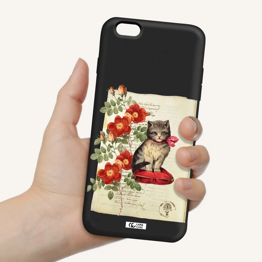 a cat on a pillow with flowers Apple iPhone 6S Silicone black Case