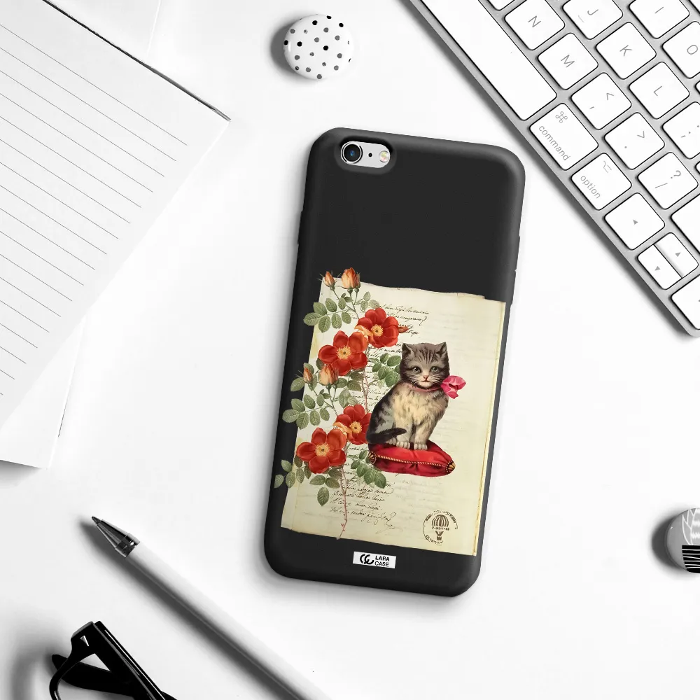 a cat on a pillow with flowers Apple iPhone 6S Silicone black Case