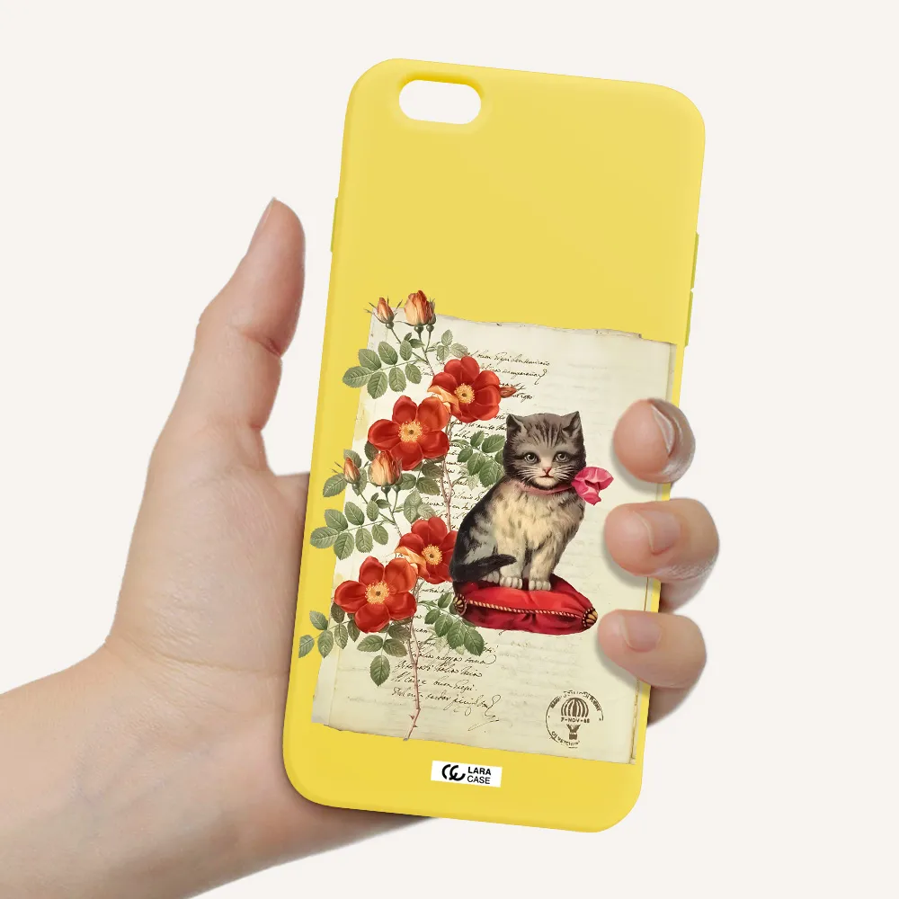 a cat on a pillow with flowers Apple iPhone 6S Silicone canary yellow Case