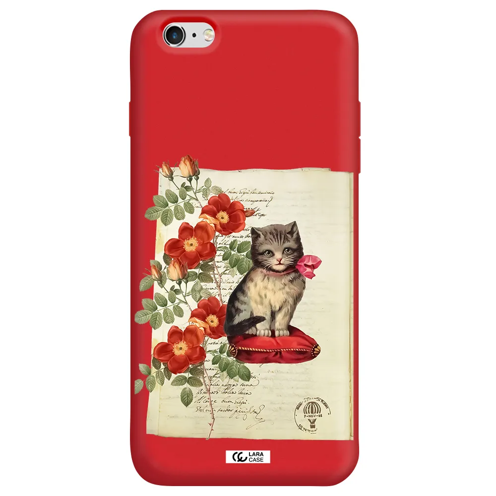 a cat on a pillow with flowers Apple iPhone 6S Silicone Imperial Red Case