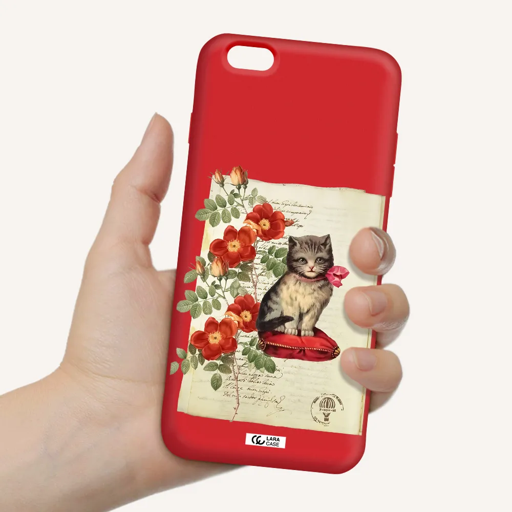 a cat on a pillow with flowers Apple iPhone 6S Silicone Imperial Red Case