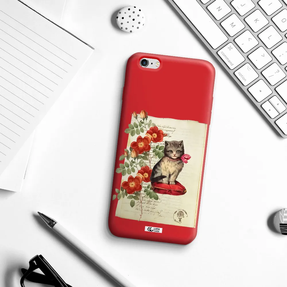 a cat on a pillow with flowers Apple iPhone 6S Silicone Imperial Red Case