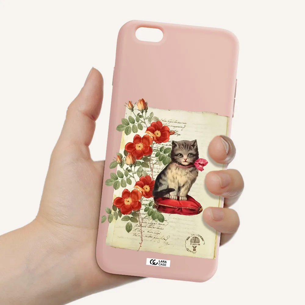 a cat on a pillow with flowers Apple iPhone 6S Silicone pastel pink Case