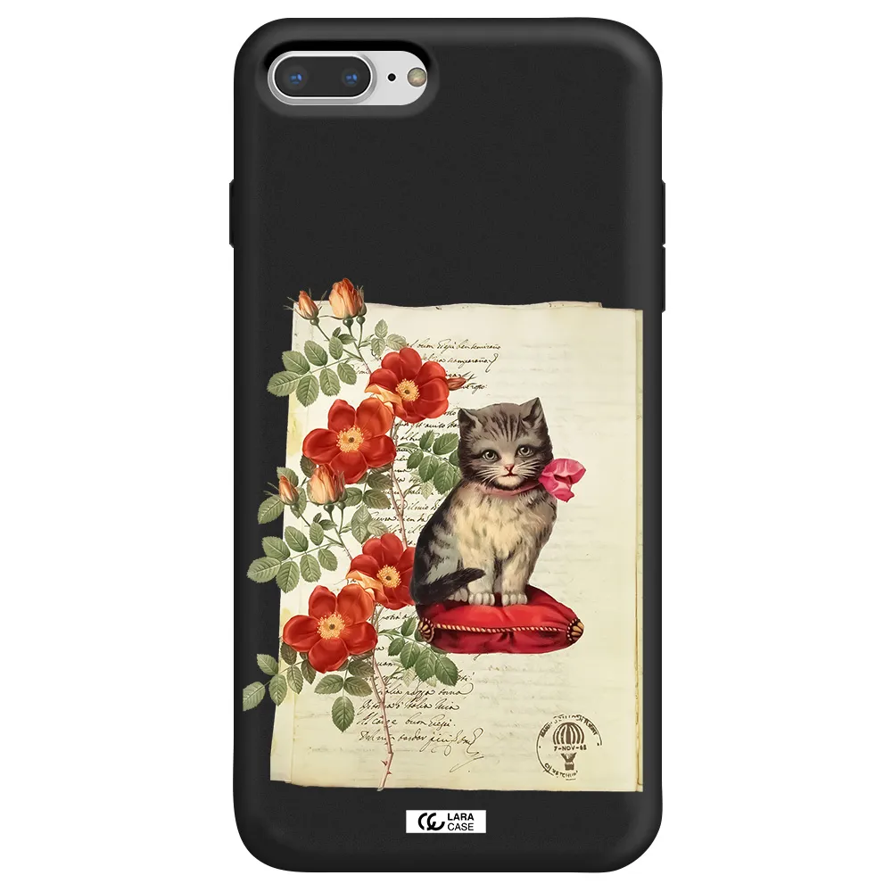 a cat on a pillow with flowers Apple iPhone 7 plus Silicone black Case