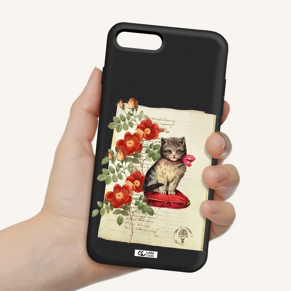a cat on a pillow with flowers Apple iPhone 7 plus Silicone black Case